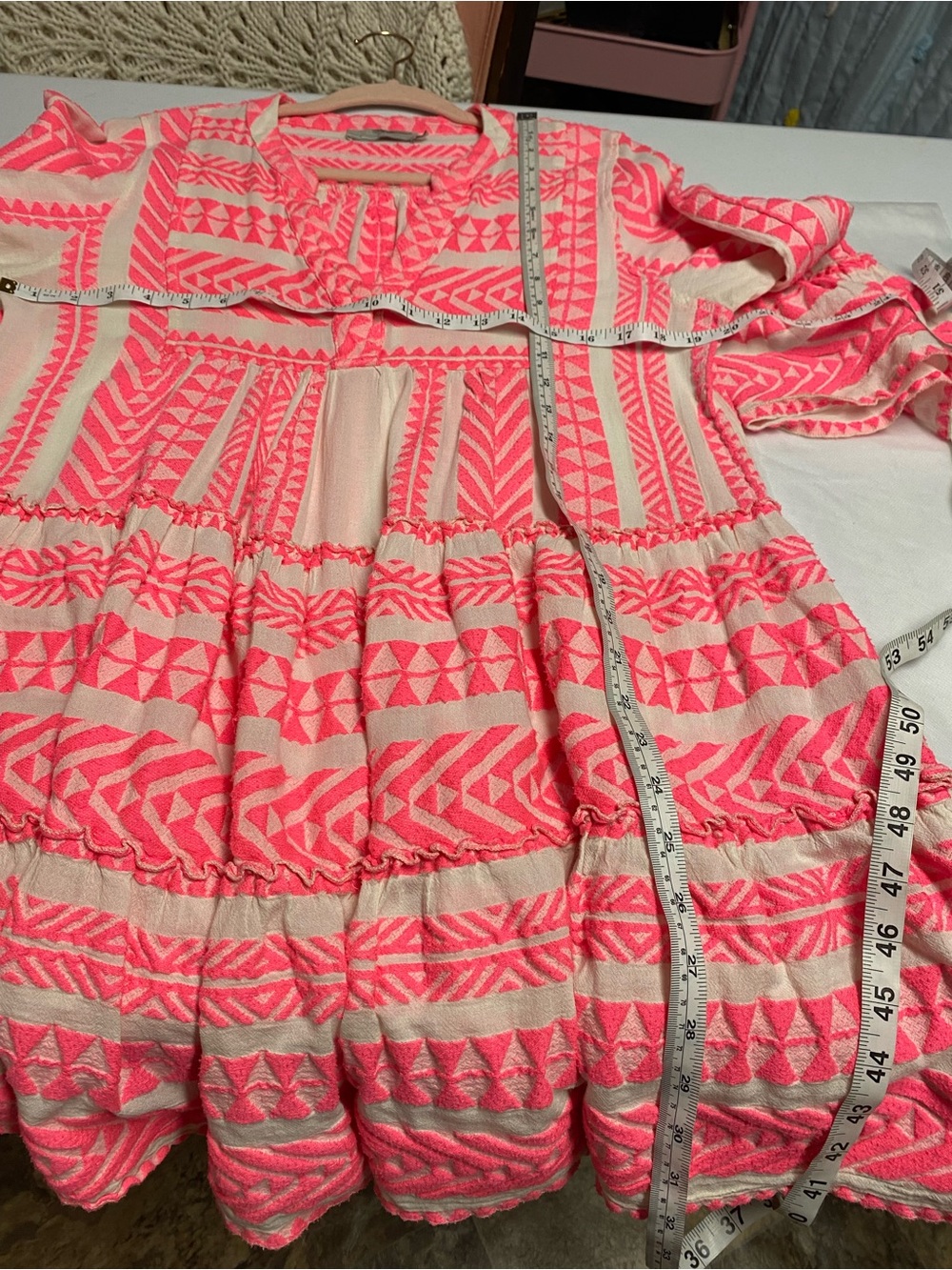 Devotion TWINS Pink Patterned V-Neck Tiered Mini Dress - Picture 10 of 12